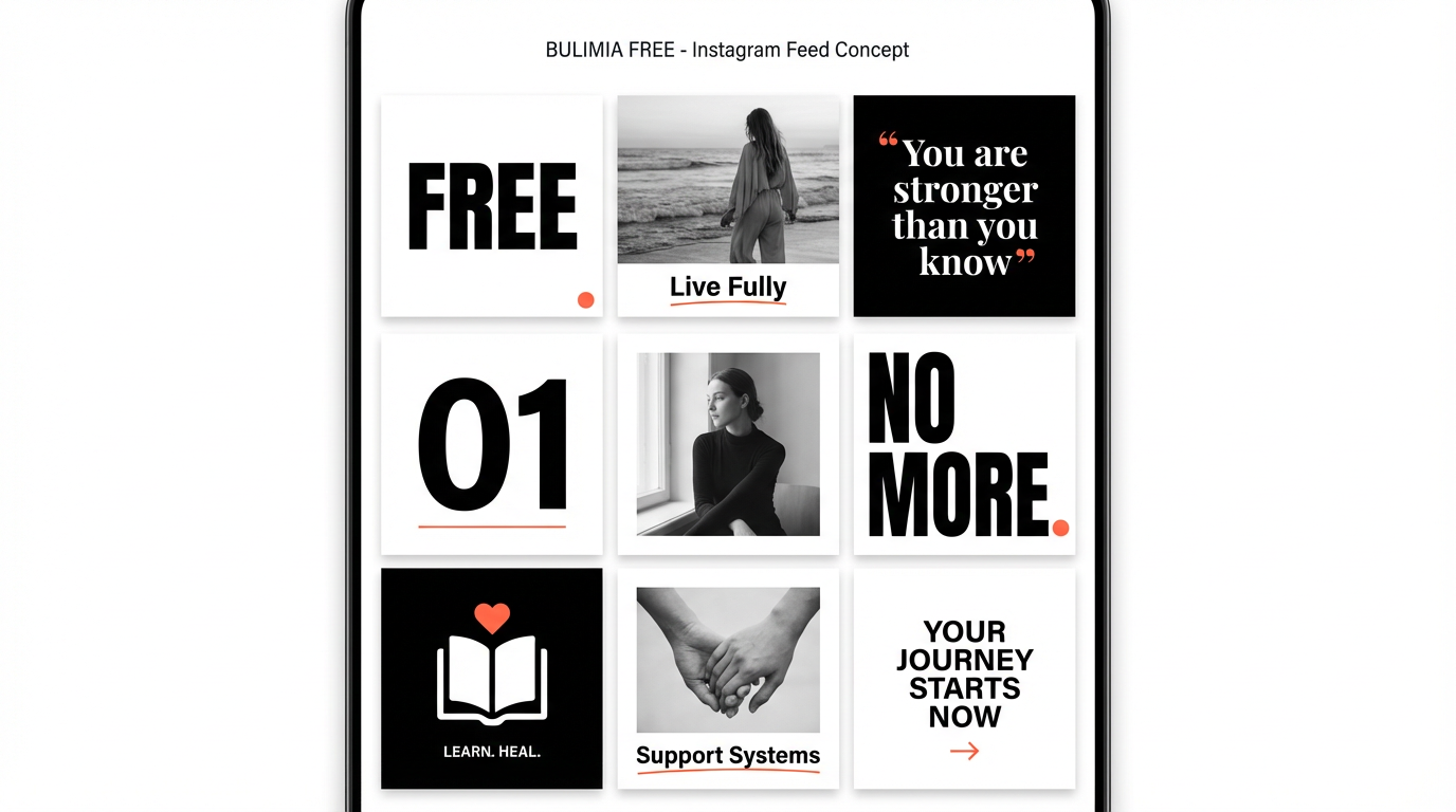 Bulimia Free Instagram feed concept in black, white and persimmon