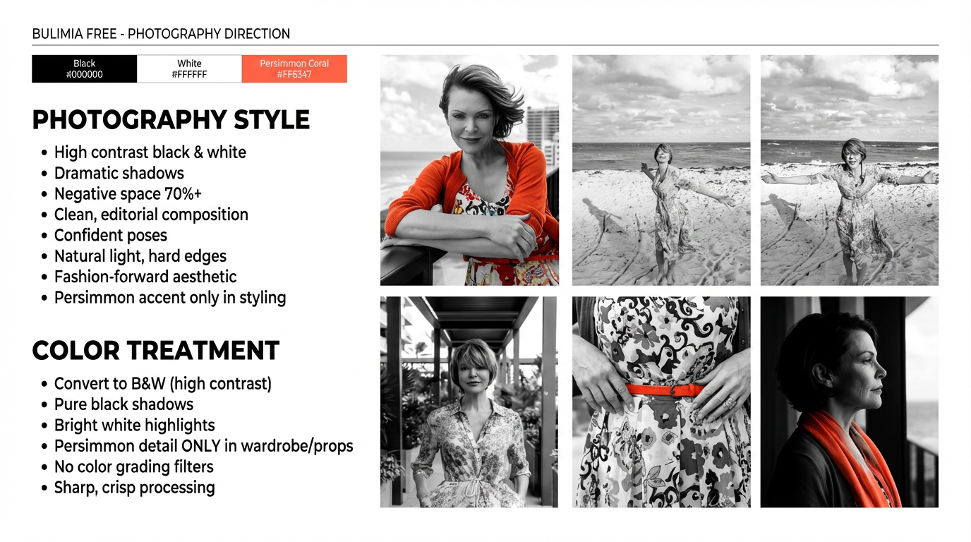 Bulimia Free photography direction — high-contrast black and white