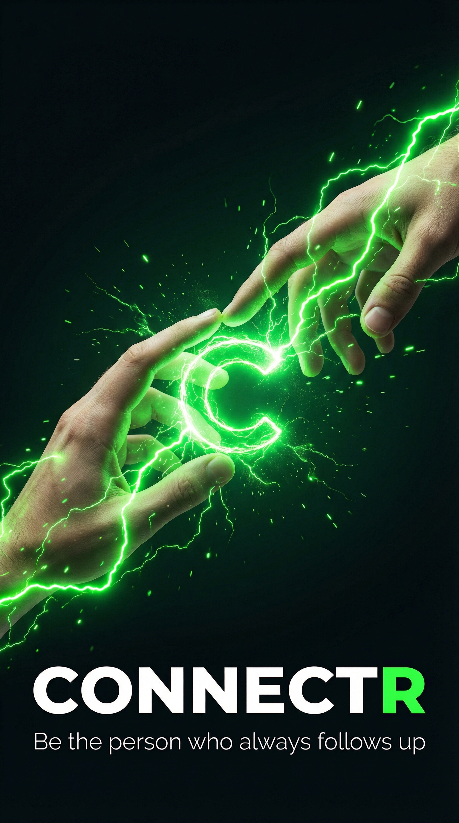 Michelangelo-style reaching hands with green lightning forming a C between them, ConnectR wordmark below