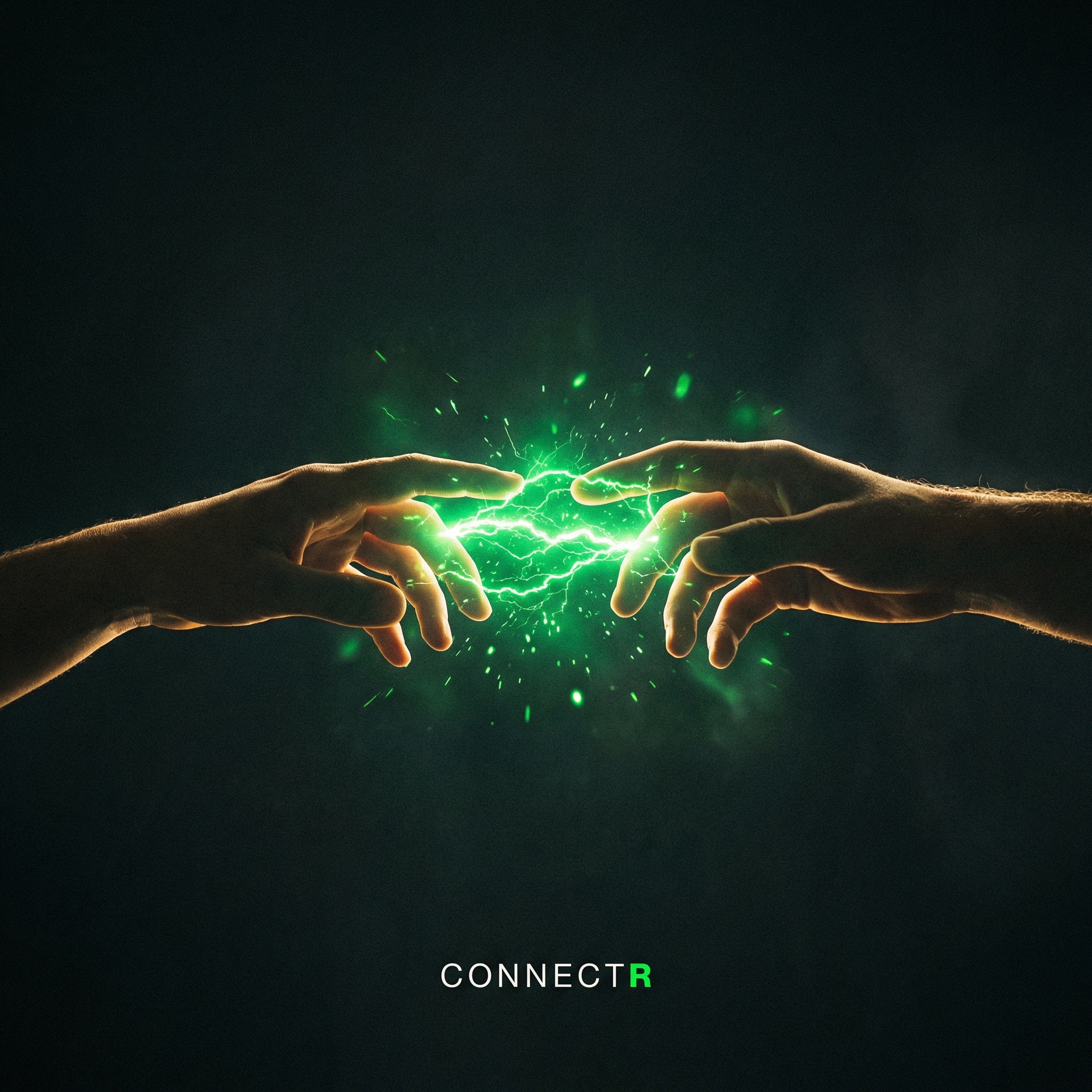 Two hands reaching toward each other with a bright green electric spark arcing between fingertips