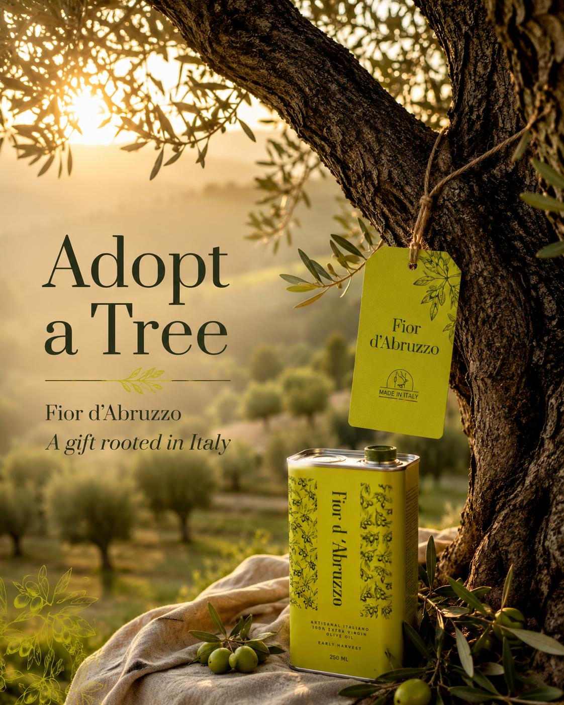 Fior d'Abruzzo 'Adopt a Tree' campaign — a branded tin beneath an olive tree in a golden-hour Abruzzo grove with a hanging gift tag