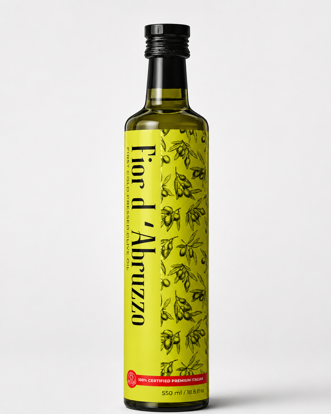 Fior d'Abruzzo 550ml first cold pressed olive oil bottle with a chartreuse label