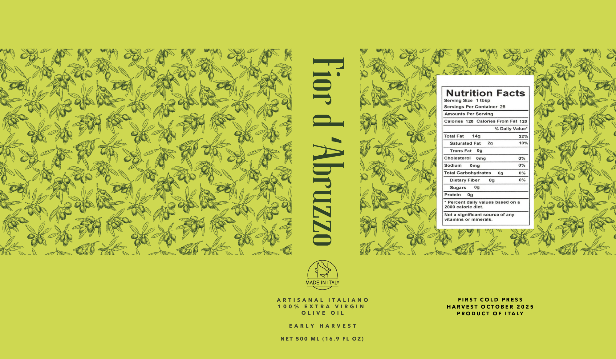 Fior d'Abruzzo label artwork laid flat — front and back panels showing the olive-branch pattern, vertical serif logotype, and nutrition facts