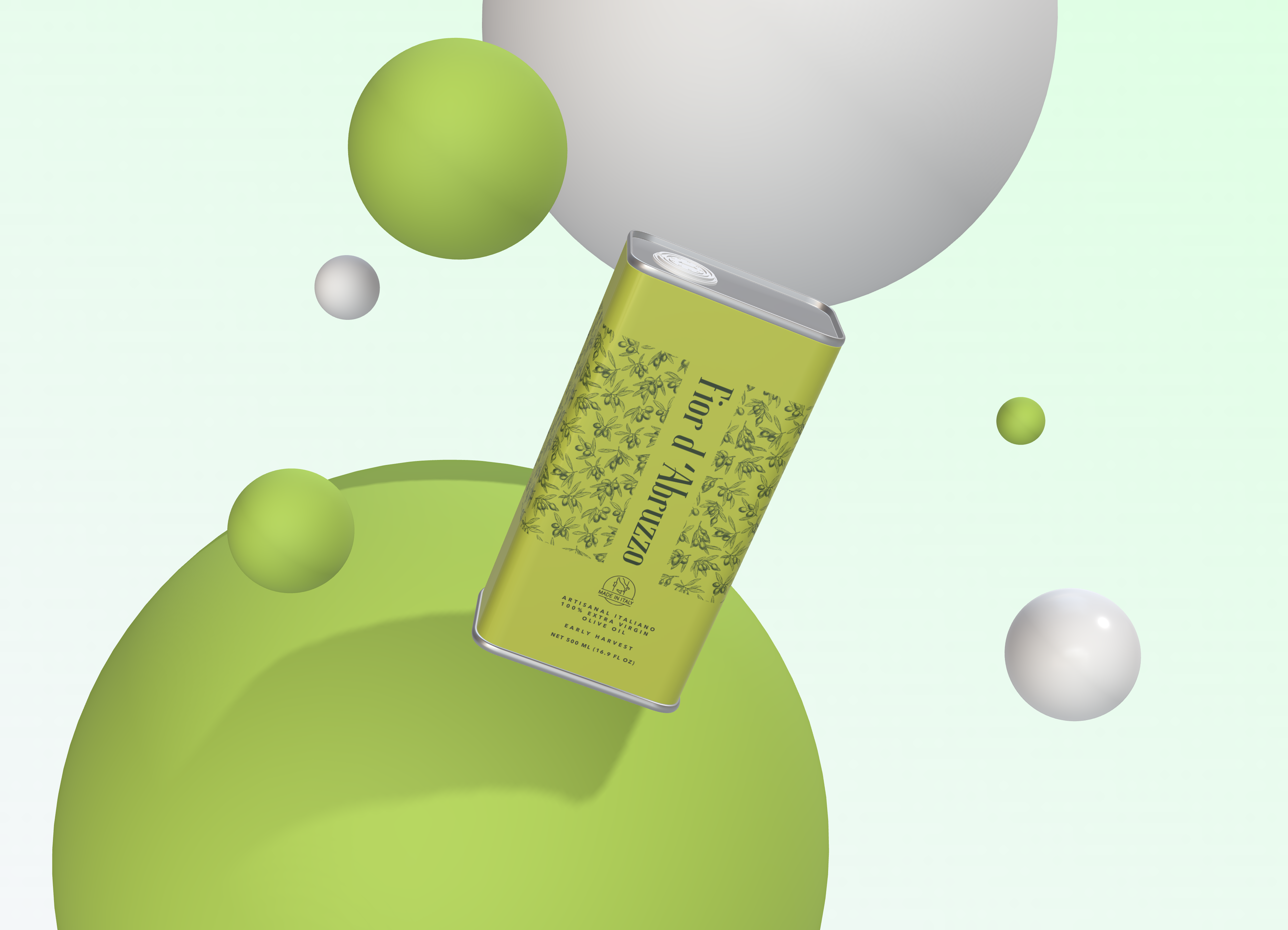 The live Fior d'Abruzzo Shopify storefront hero — a floating branded tin against a fresh green composition