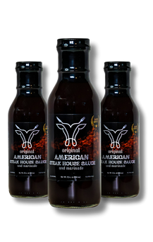 Three bottles of Original American Steak House Sauce on a white background