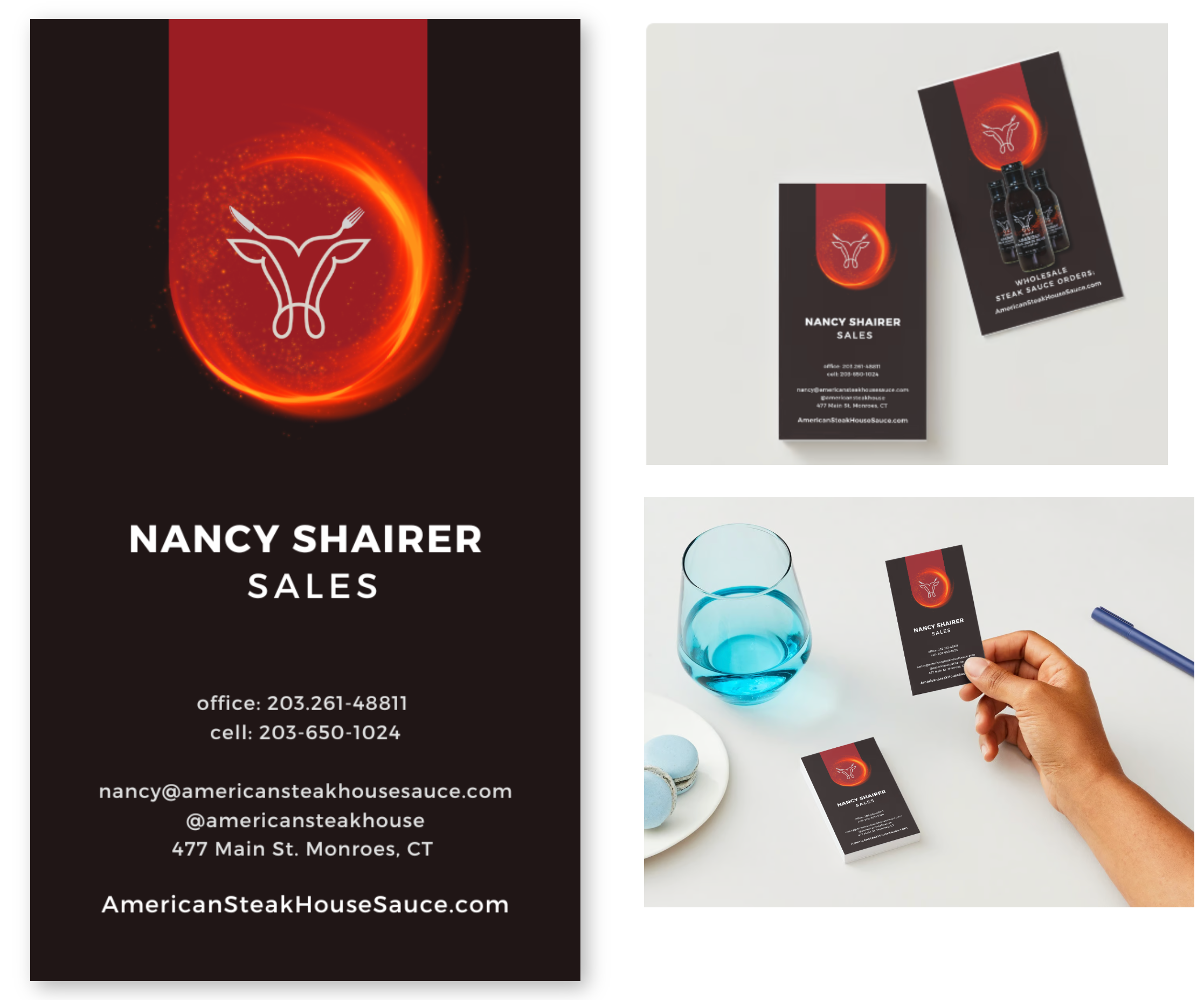 Business card system for American Steak House Sauce — a large close-up of the card front with the fiery-orb logo and contact details, alongside the front and wholesale-back cards