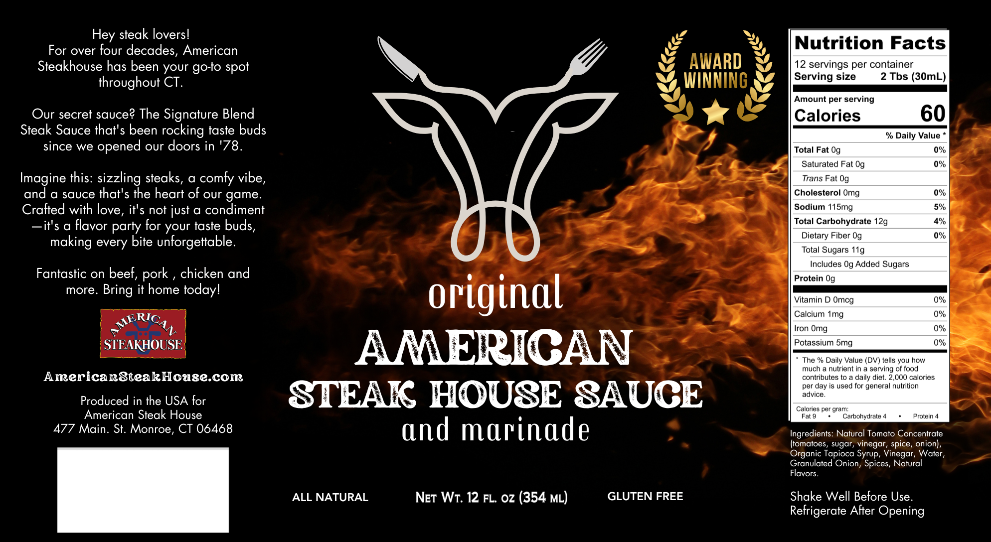 The full American Steak House Sauce label wrap — brand story, flame imagery, the elevated crest, award laurels and nutrition facts
