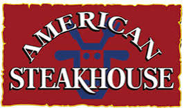 The original American Steakhouse logo — arched white text with a red background and blue emblem, in a dated diner style