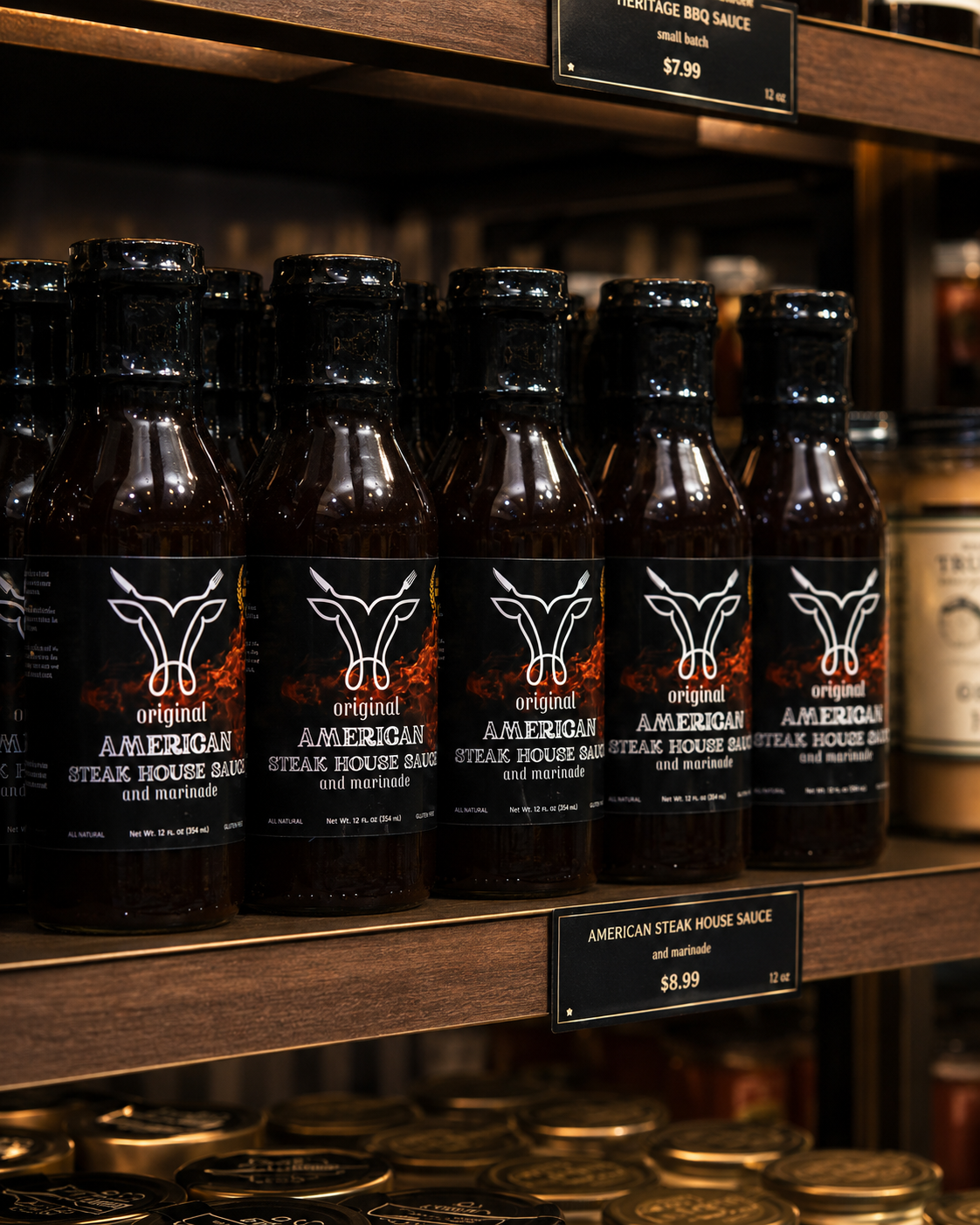 Rows of Original American Steak House Sauce bottles on a wooden gourmet-store shelf with black price tags reading $8.99, 12 oz