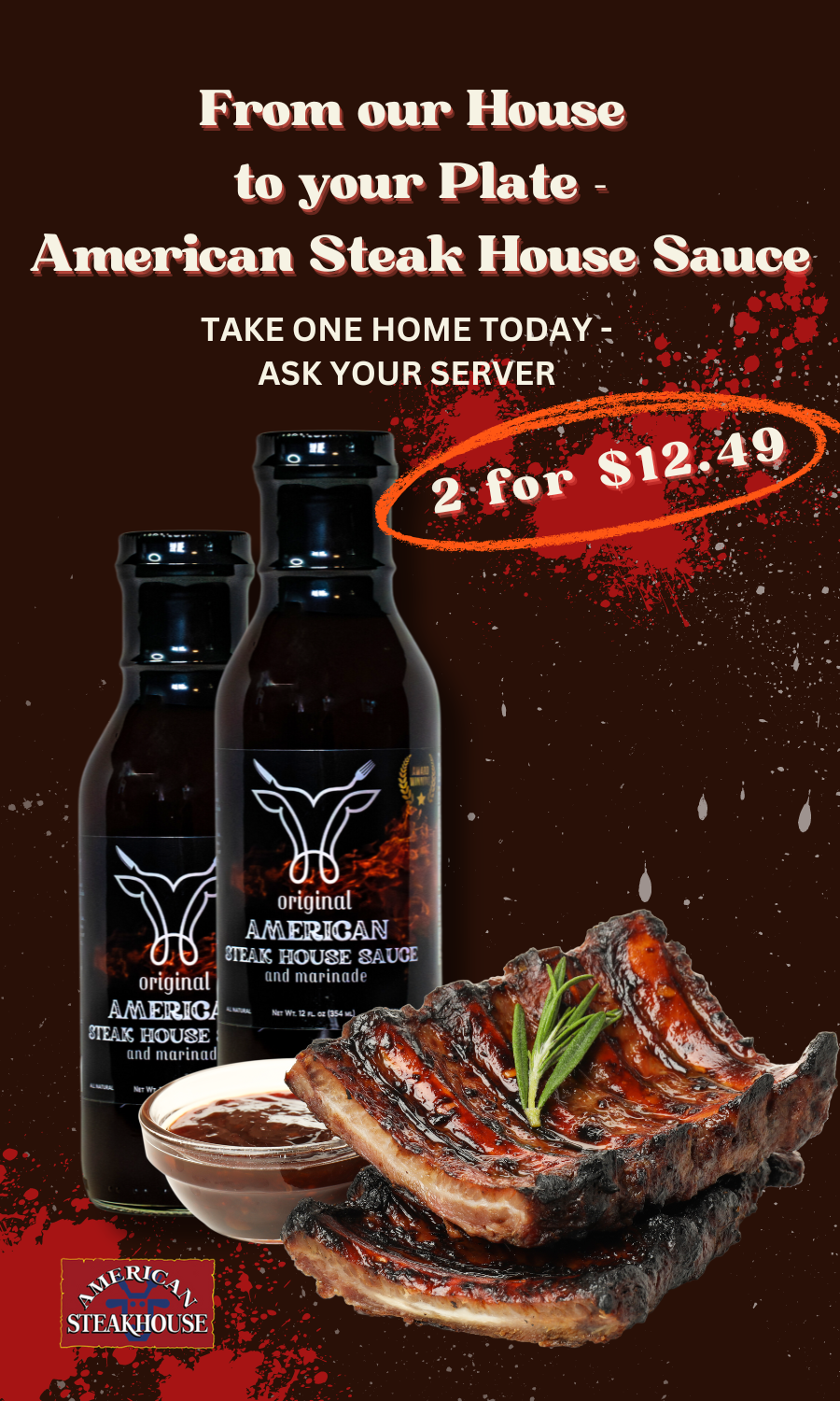 'From our House to your Plate' table tent featuring two bottles and glazed ribs